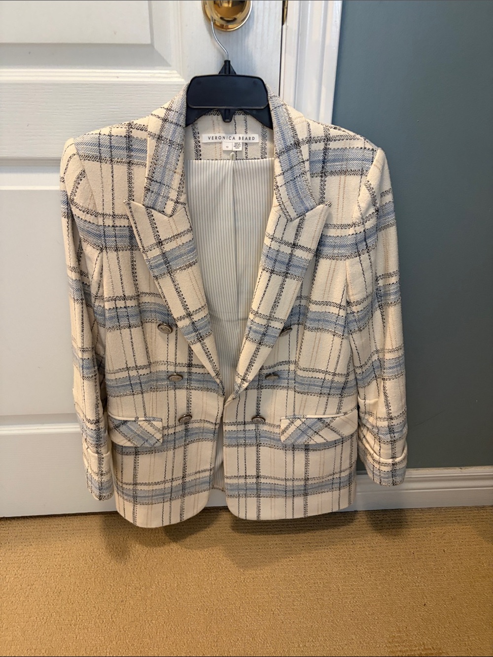 Veronica Beard Cream and Light Blue Plaid Double-Breasted Blazer